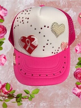 Breast Cancer Pink and White Rhinestone Heart Trucker Hat